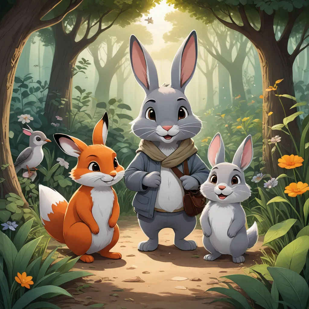 a rabbit and two rabbits standing in the woods with a forest background and flowers around them, with a forest scene in the background, furry art, a storybook illustration, Beatrix Potter, official art