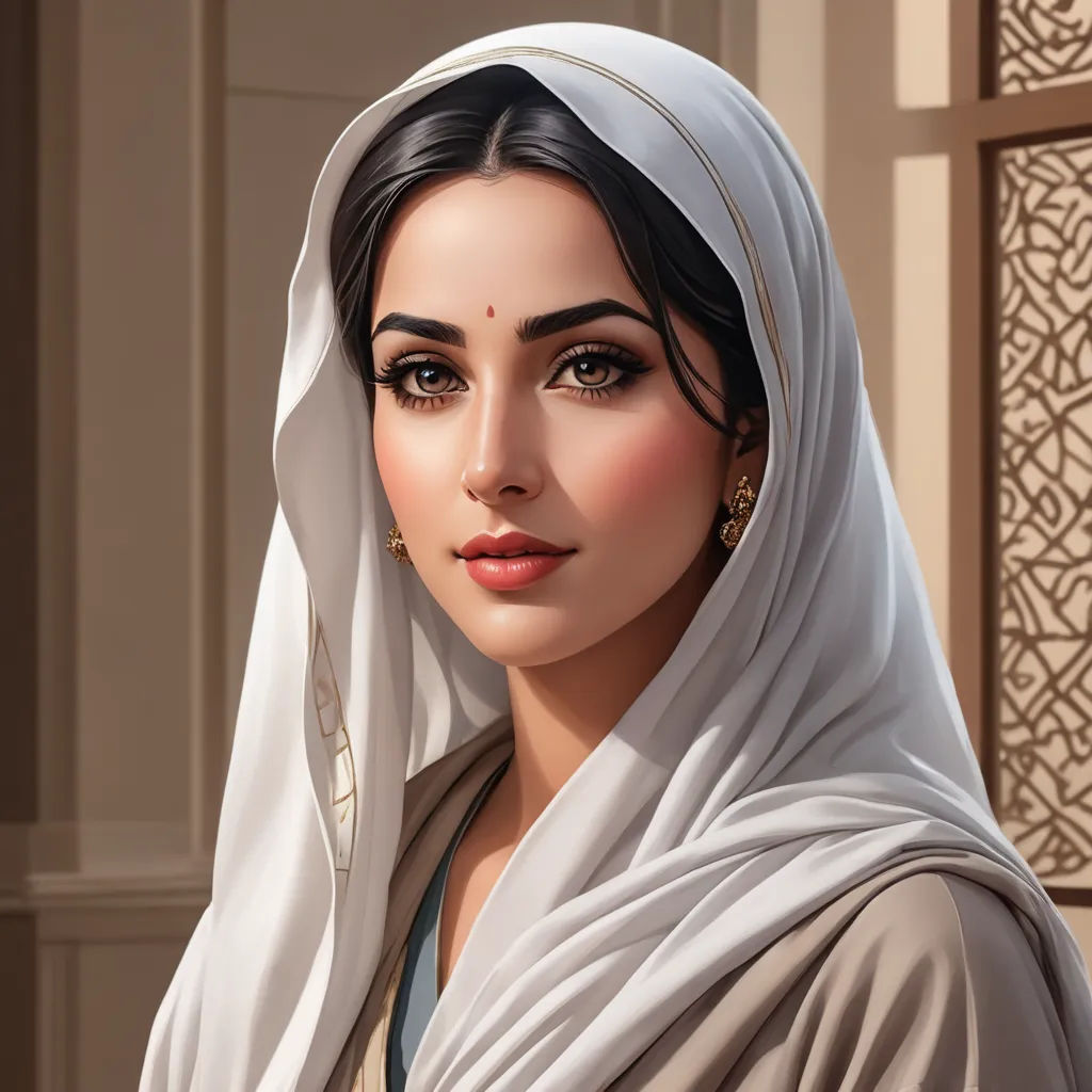 a painting of a woman wearing a white veil and earrings with a window behind her and a wall behind her, qajar art, a detailed painting, Charlie Bowater, highly detailed digital painting