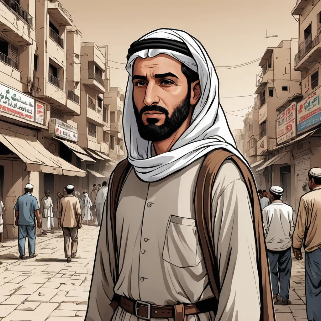 a man in a white head scarf and a brown backpack on a street with people walking around him and buildings, hurufiyya, a comic book panel, Asaf Hanuka, graphic novel