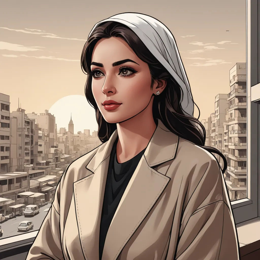 a woman in a beige jacket looking out a window at a cityscape with a sunset in the background, serial art, a comic book panel, Altoon Sultan, comic cover art