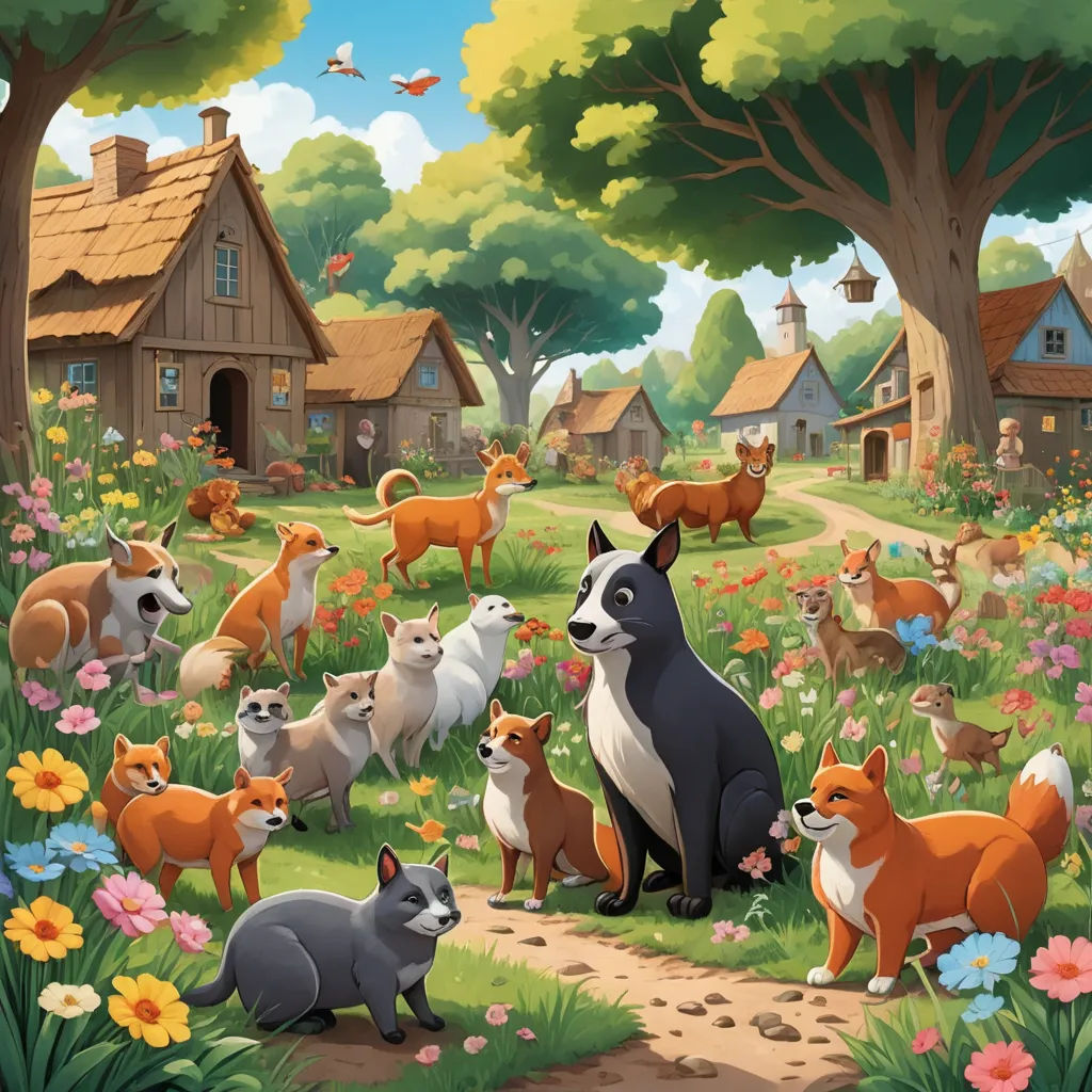 a painting of a group of animals in a field of flowers and trees with a house in the background, furry art, a storybook illustration, Chris LaBrooy, promotional image