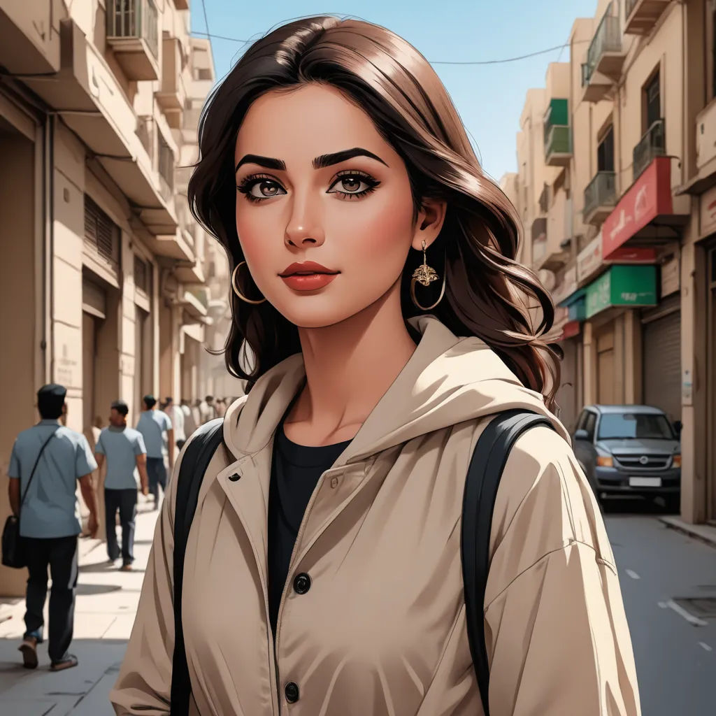 a woman with a backpack on a city street with people walking by her and a car in the background, photorealism, a comic book panel, Alena Aenami, city background