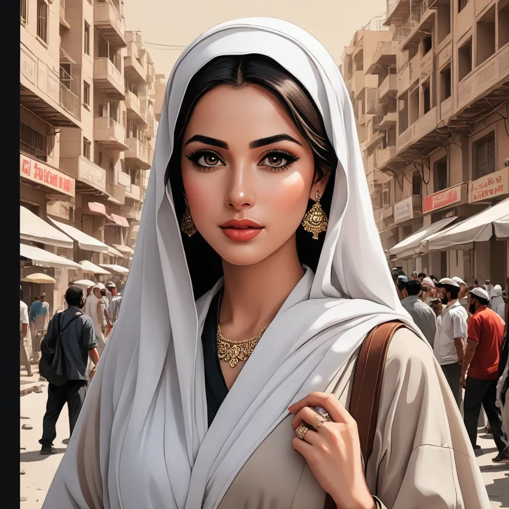 a woman in a white veil and gold jewelry is standing in a crowded street in a city with people, qajar art, a digital painting, Amir Zand, trending on art station