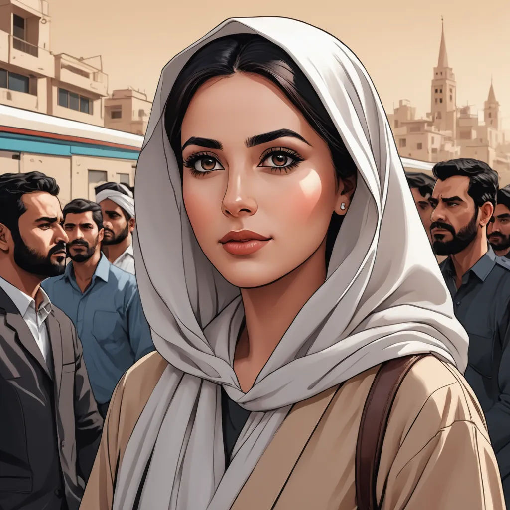 a woman in a headscarf is surrounded by a group of men in a city street, with a bus in the background, serial art, a character portrait, Amir Zand, comic cover art