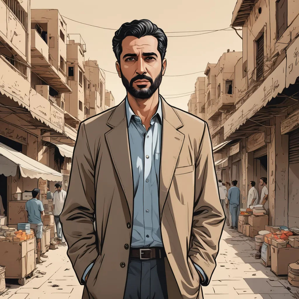 a man in a suit standing in a street with a crowd of people in the background and a building with a sign that says,, serial art, a character portrait, Amir Zand, promotional image