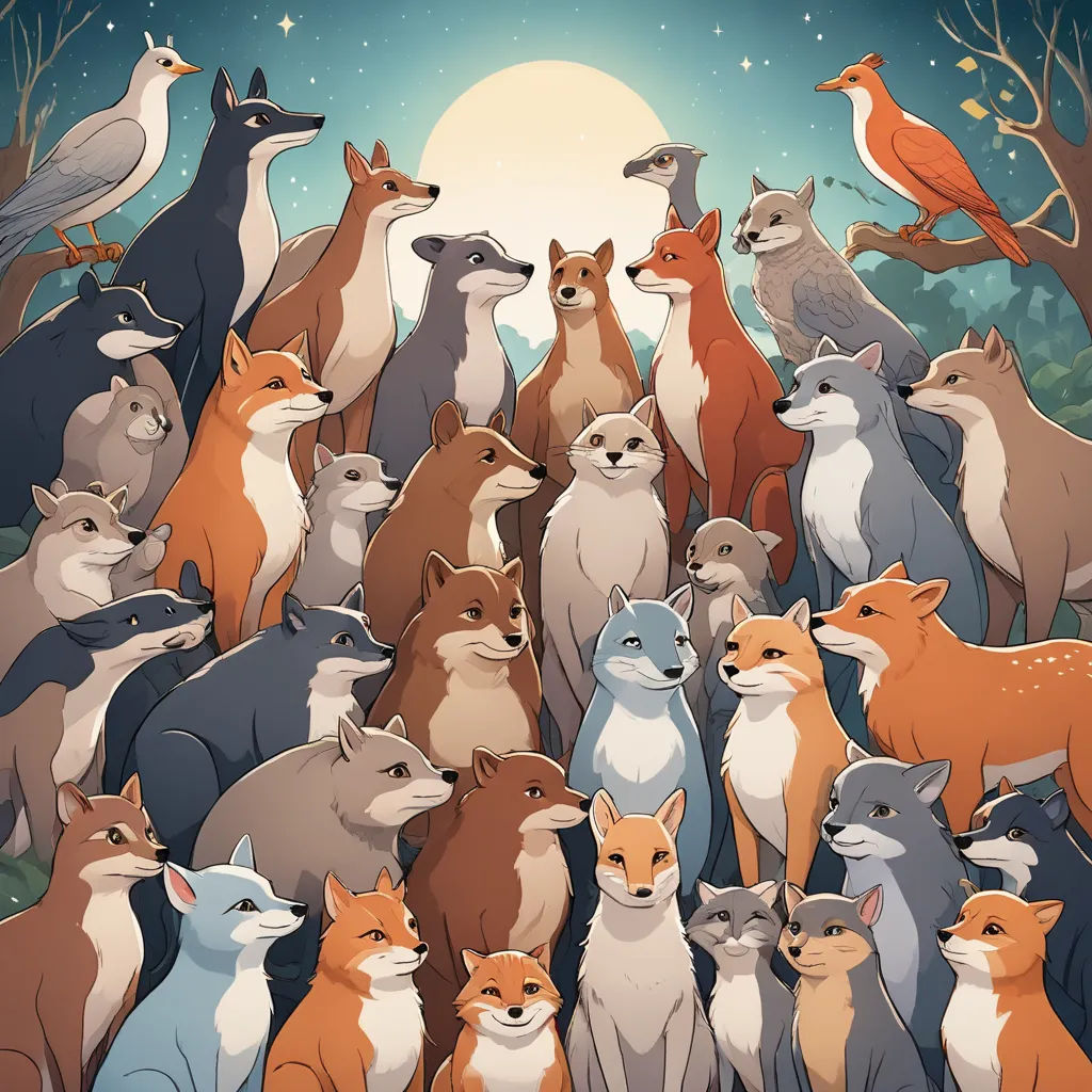 a large group of foxes standing in front of a full moon and trees with birds on it, all looking up, furry art, a storybook illustration, Chris LaBrooy, furaffinity