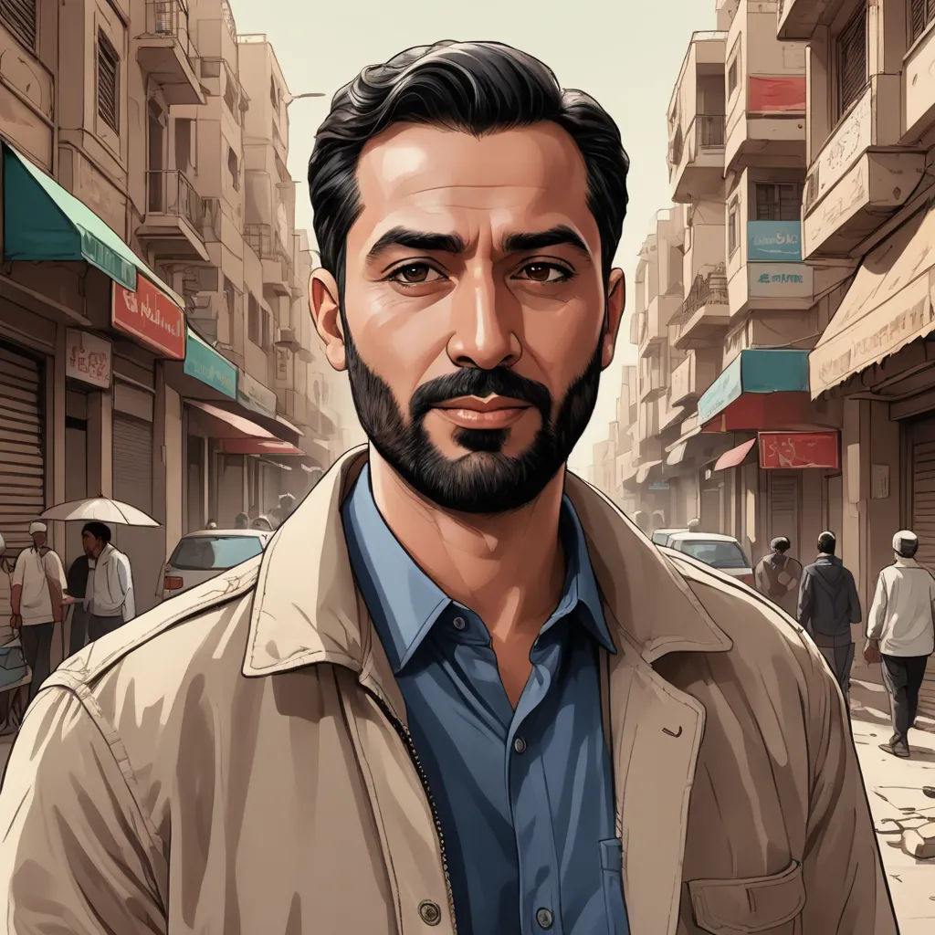 a man with a beard and a blue shirt is standing in a street with people walking by and buildings, serial art, a character portrait, Amir Zand, character portrait