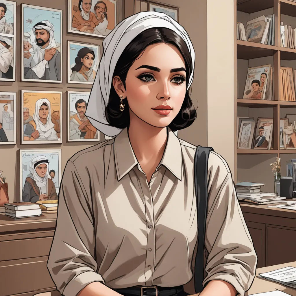 a woman in a white head scarf is sitting at a desk with a bookcase and a book case, serial art, a comic book panel, artist, high detail illustration
