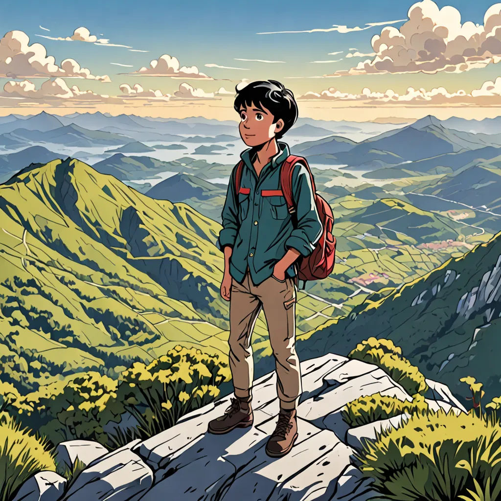 a man standing on a mountain top with a backpack on his back and a view of mountains in the background, Asaf Hanuka, yukito kishiro, a comic book panel, environmental art