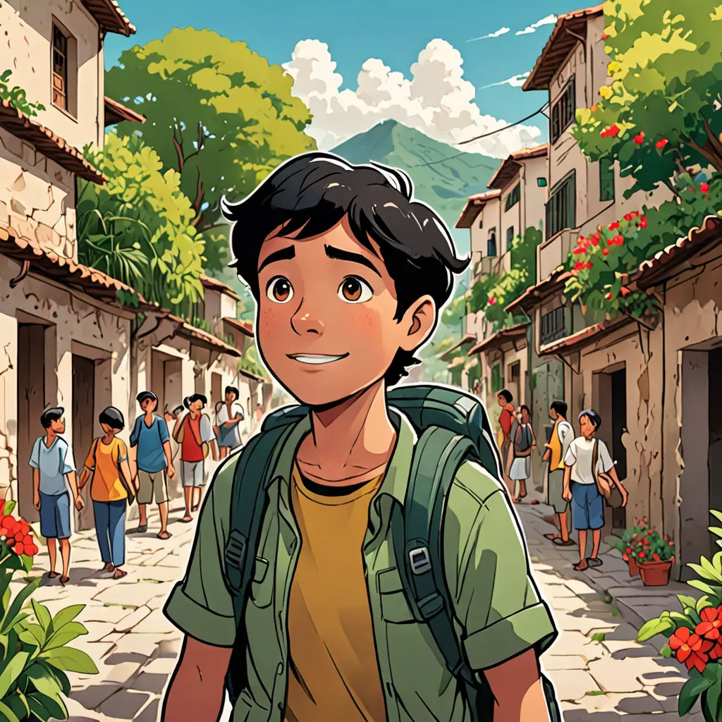 a man with a backpack standing in a street with people walking around him and a mountain in the background, Diego Gisbert Llorens, comic cover art, a comic book panel, magical realism