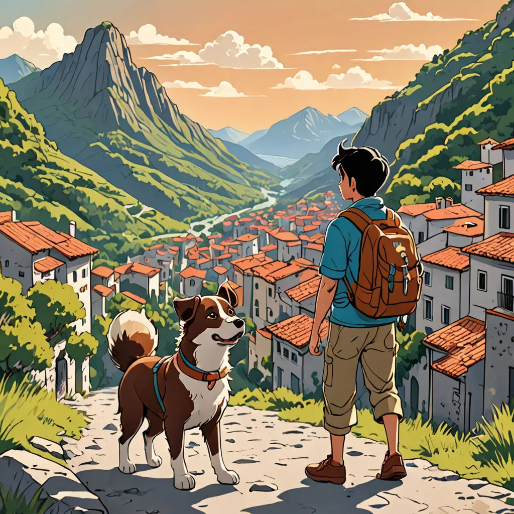 a man and a dog are looking at a town in the mountains with a mountain range in the background, Asaf Hanuka, official art, a storybook illustration, serial art