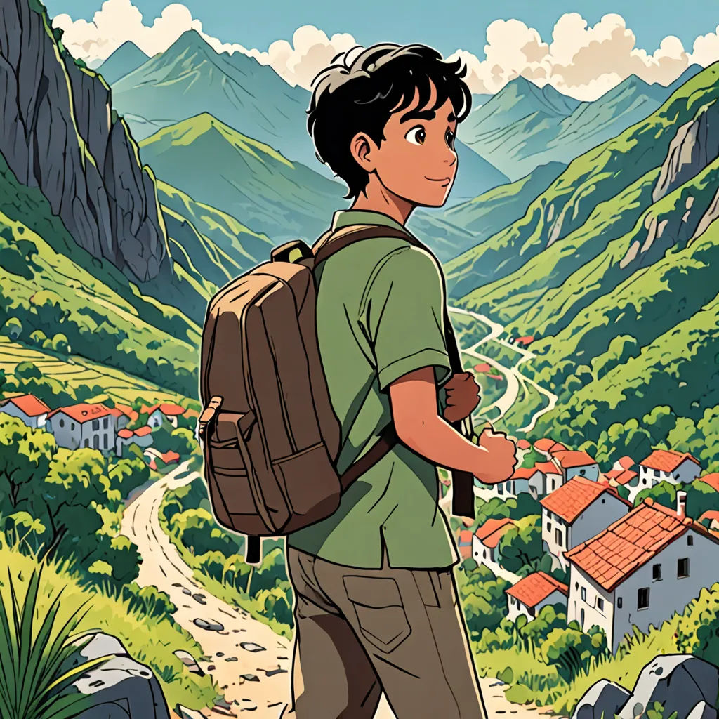 a boy with a backpack is looking at a village in the mountains and hills behind him, while standing on a path, Asaf Hanuka, official art, a poster, regionalism