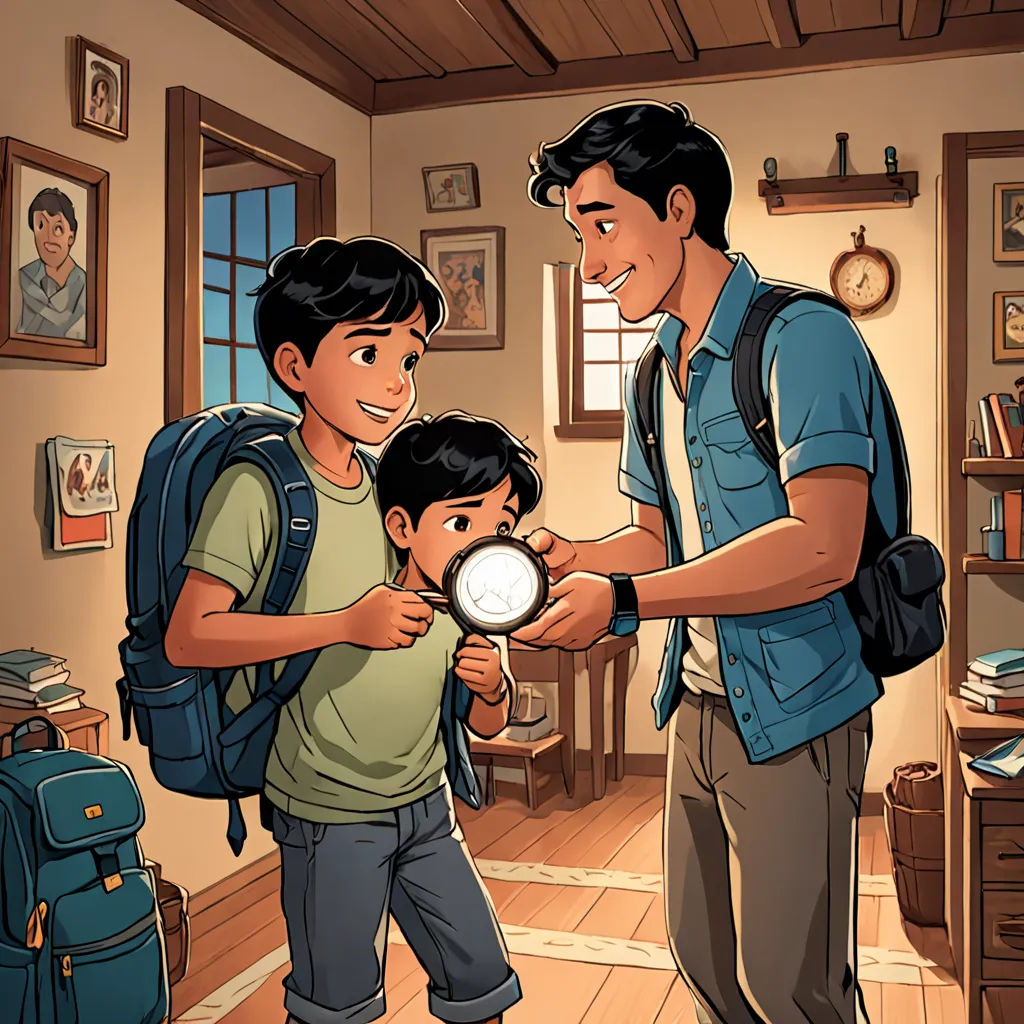 a man and a boy looking at a magnifying glass in a room with a backpack on the floor, Fernando Amorsolo, comic cover art, a storybook illustration, lyco art