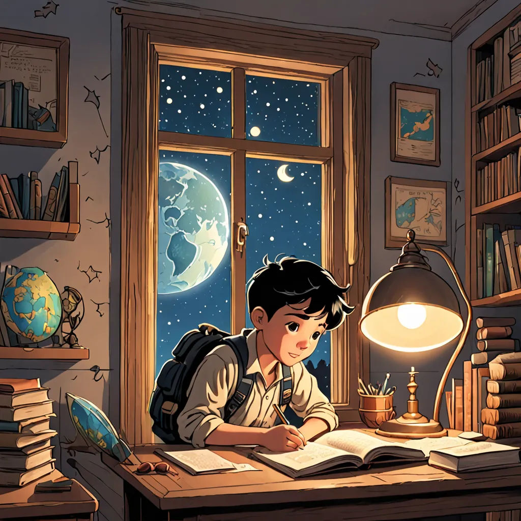 a young girl sitting at a desk with a book and a lamp in front of her, reading a book, Atey Ghailan, rossdraws global illumination, a storybook illustration, fantasy art