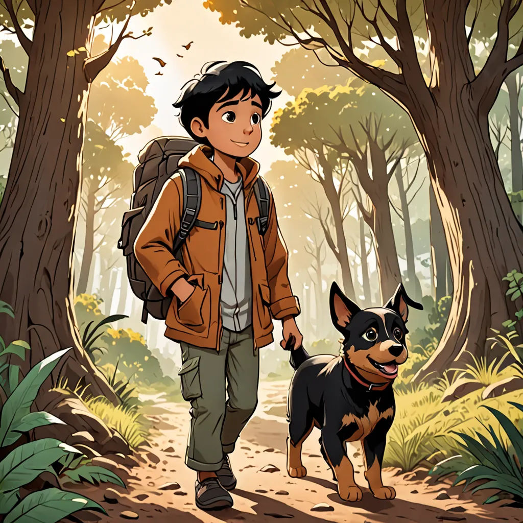 a boy with a backpack and a dog in the woods walking through the woods with trees and leaves on the ground, Cliff Childs, official art, concept art, environmental art