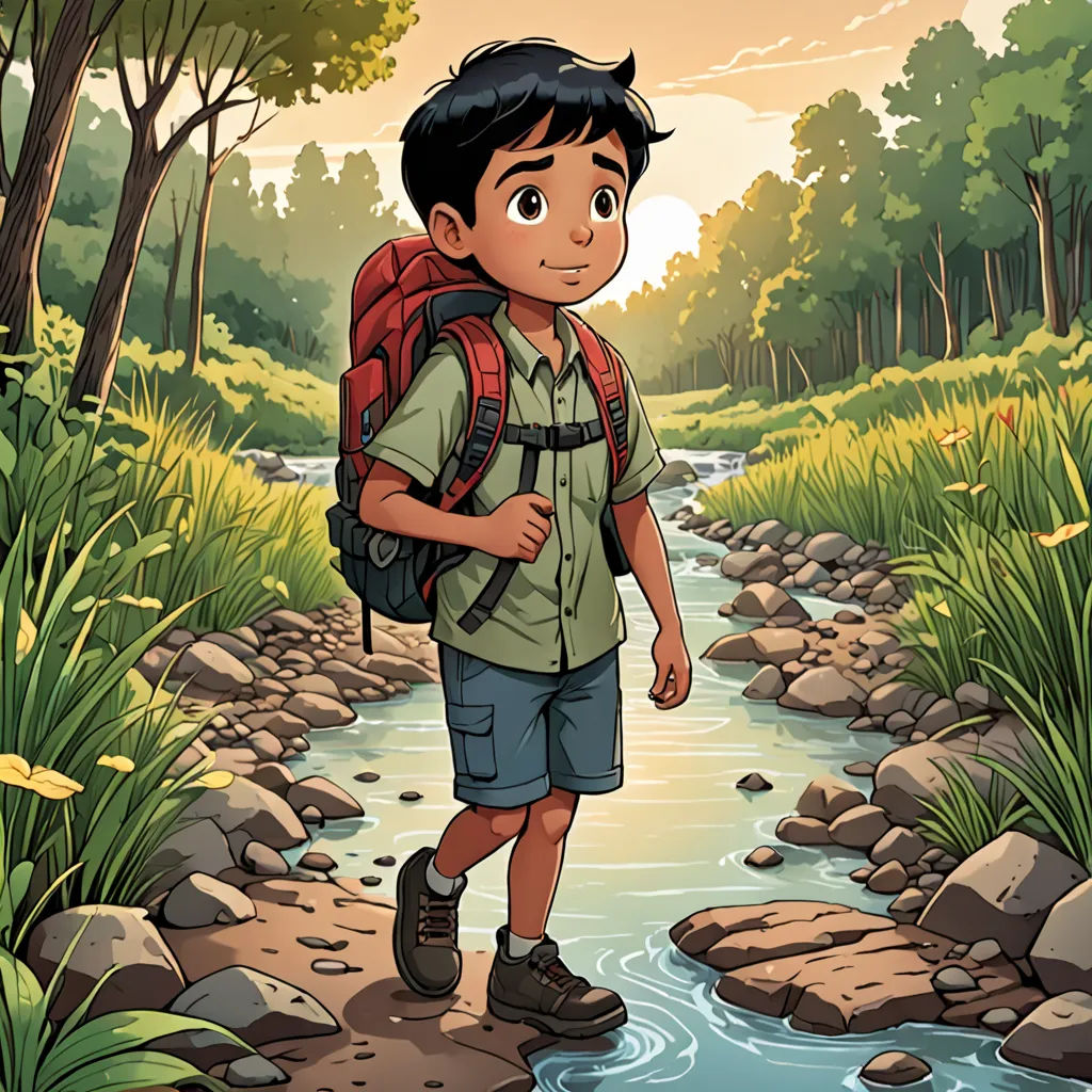 a boy with a backpack is walking through a stream in the woods with rocks and grass on both sides, Cliff Childs, comic cover art, a storybook illustration, environmental art