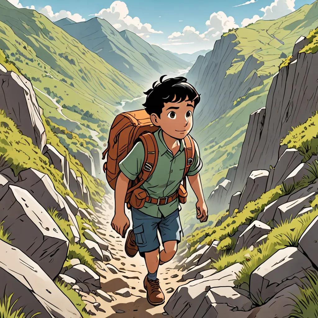 a boy with a backpack is walking up a mountain trail with a backpack on his back and a backpack on his shoulder, Asaf Hanuka, yukito kishiro, a character portrait, process art