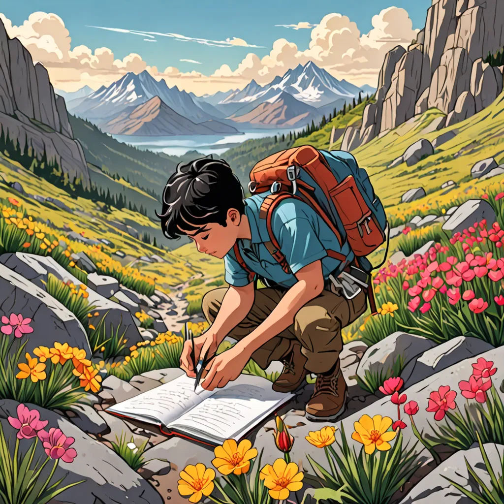 a man is writing on a book in the mountains with flowers and rocks around him and a backpack on his back, Chris LaBrooy, josan gonzales and dan mumford, a storybook illustration, environmental art