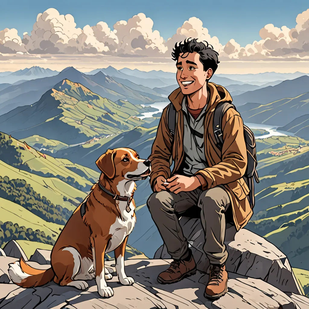 a man sitting on a rock with a dog in front of him and mountains in the background with clouds, Asaf Hanuka, promotional image, a comic book panel, arbeitsrat für kunst