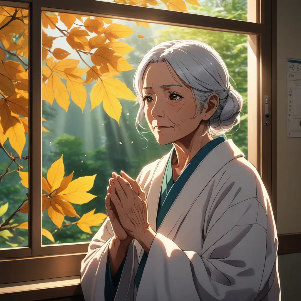 a woman standing in front of a window with her hands folded in prayer and looking out the window at leaves, ukiyo-e, a character portrait, Chizuko Yoshida, rossdraws global illumination