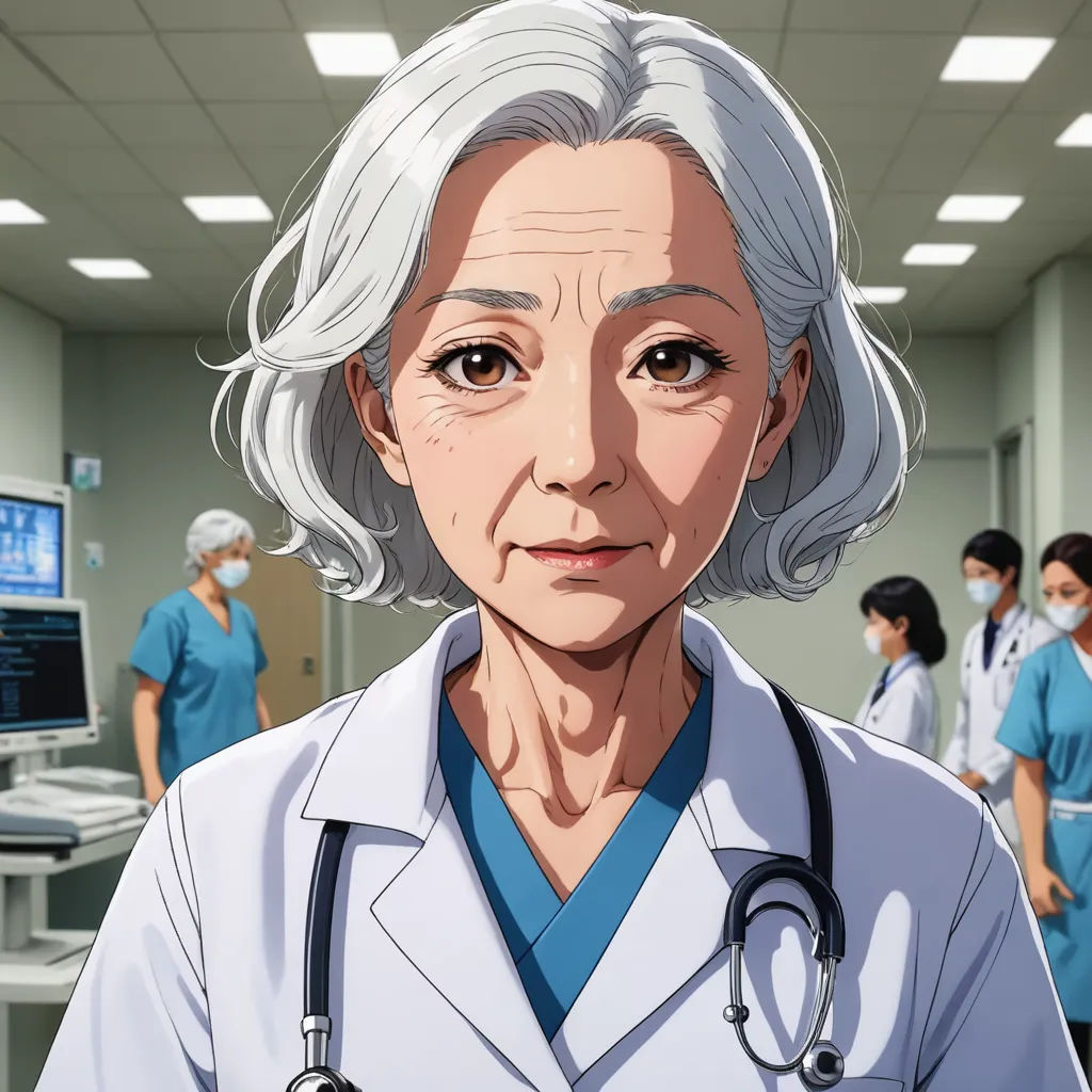 a cartoon of a doctor in a hospital room with other doctors in the background and a computer screen in the foreground, remodernism, a character portrait, Eizan Kikukawa, character portrait
