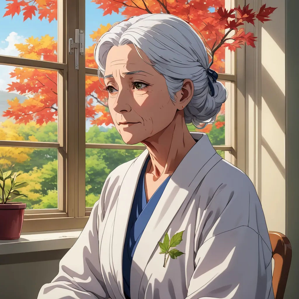 a woman sitting in front of a window next to a potted plant and a window sill with autumn leaves, sots art, a character portrait, Anne Said, official art