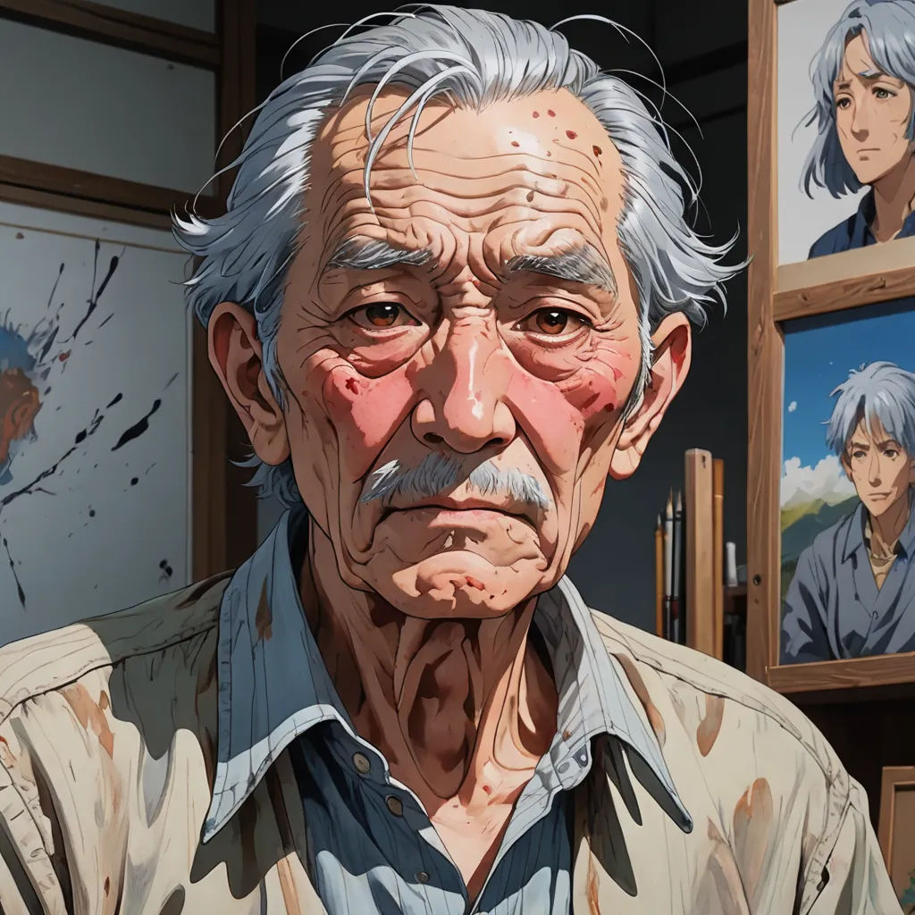 a man with a mustache and a mustache on his face in front of a painting of a man with a mustache, photorealism, a character portrait, Eizan Kikukawa, cushart krenz