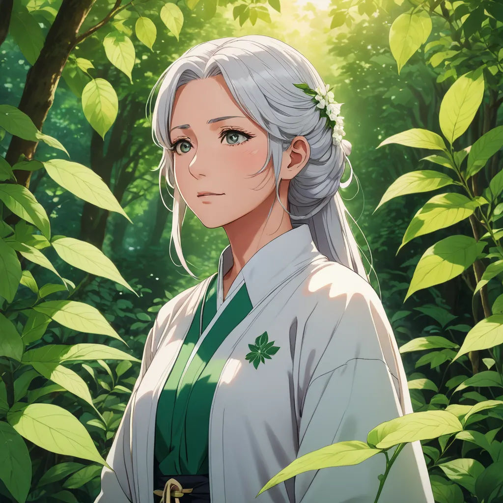 a woman with a white hair and green shirt in a forest with leaves on her head and a green ribbon around her neck, sots art, a character portrait, Chizuko Yoshida, official art