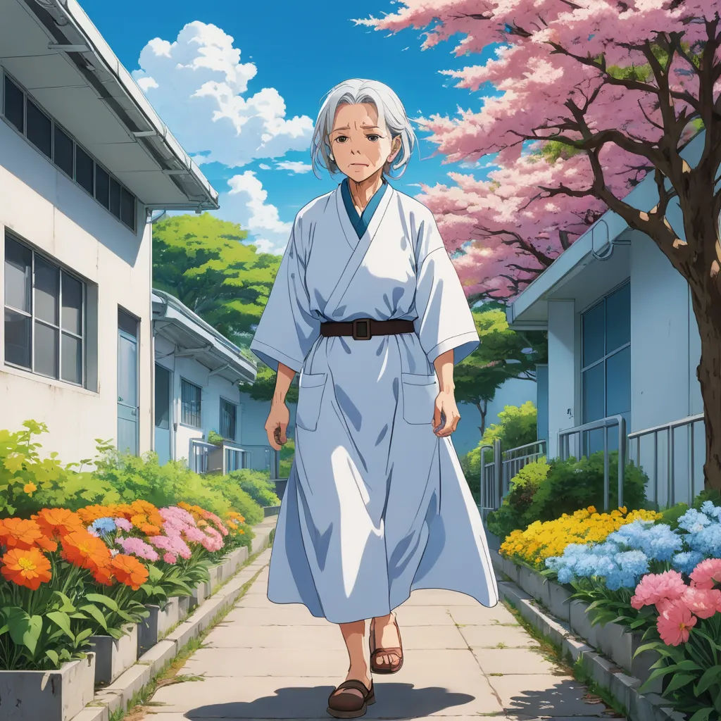 a woman in a blue robe walking down a sidewalk next to flowers and trees in the background with a sky background, ukiyo-e, poster art, Aya Goda, official art