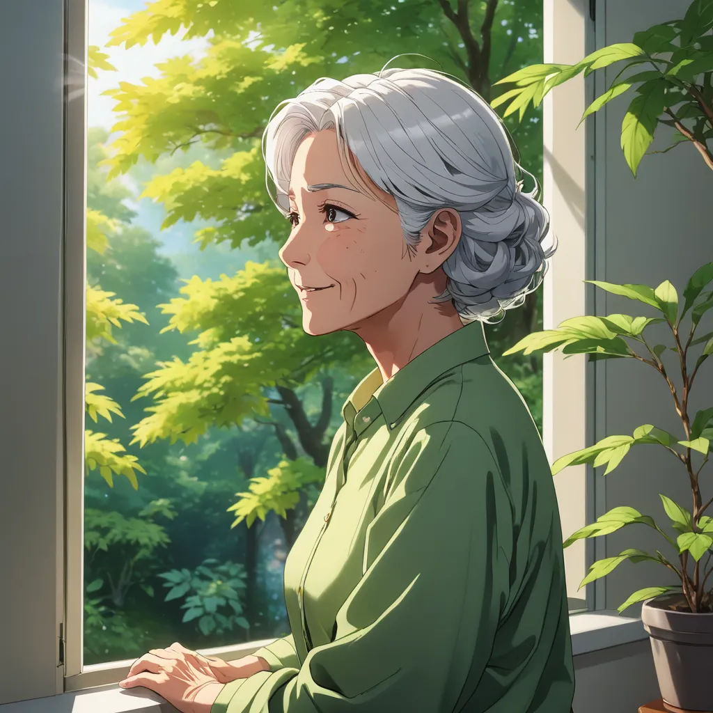 a woman sitting at a window sill looking out the window at a tree and bushes outside of a window, remodernism, a character portrait, Chizuko Yoshida, rossdraws global illumination