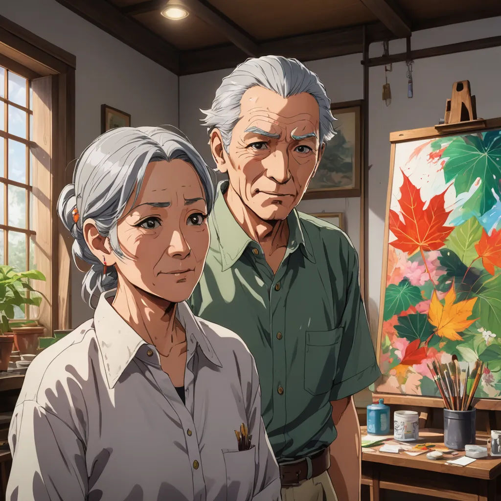 a man and a woman standing in front of a painting on a easel in a room with a window, american scene painting, a painting, Eizan Kikukawa, official art