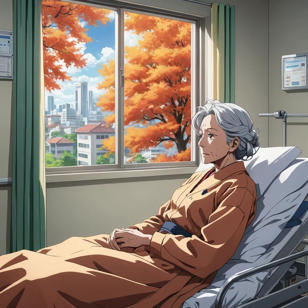 a woman sitting in a hospital bed looking out a window at a city outside of a window with a tree outside, sots art, an album cover, Eizan Kikukawa, official art