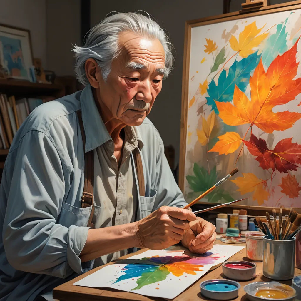an older man painting with a brush and palette in his hand and a cup of paint on the table, cloisonnism, a photorealistic painting, artist, professional digital painting