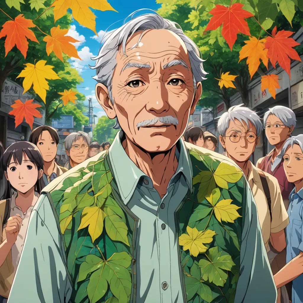 a man with a green shirt and a wreath of leaves on his chest stands in front of a crowd of people, magical realism, a character portrait, Eizan Kikukawa, official art
