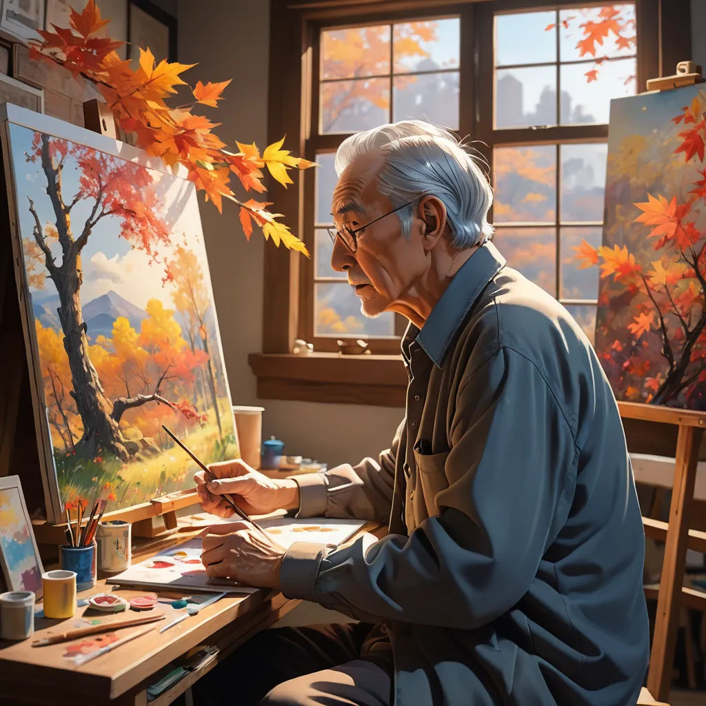 a man sitting at a table with a painting on it's easel and a cup of paint, american scene painting, a hyperrealistic painting, Evgeny Lushpin, rossdraws global illumination