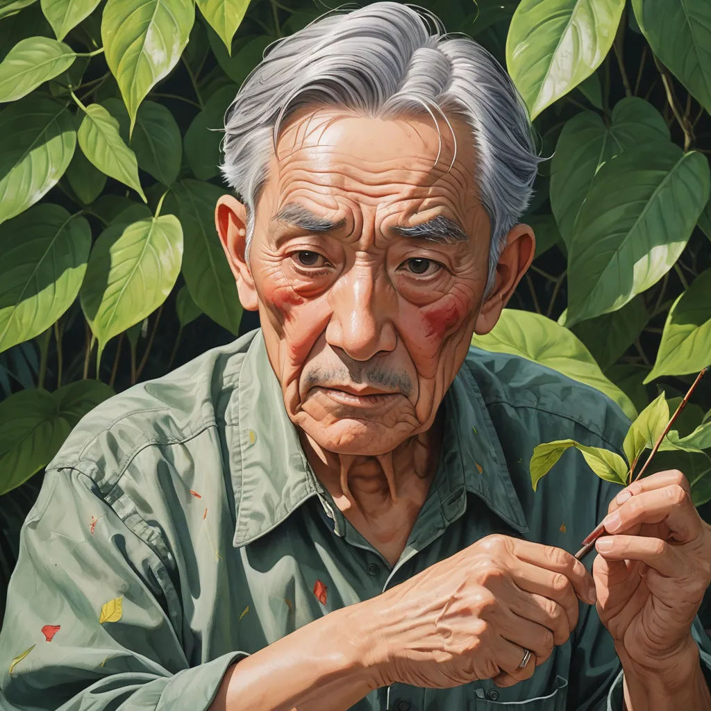 a painting of a man holding a plant in his hands and looking at the camera with a serious look on his face, photorealism, a hyperrealistic painting, Eizan Kikukawa, in gouache detailed paintings