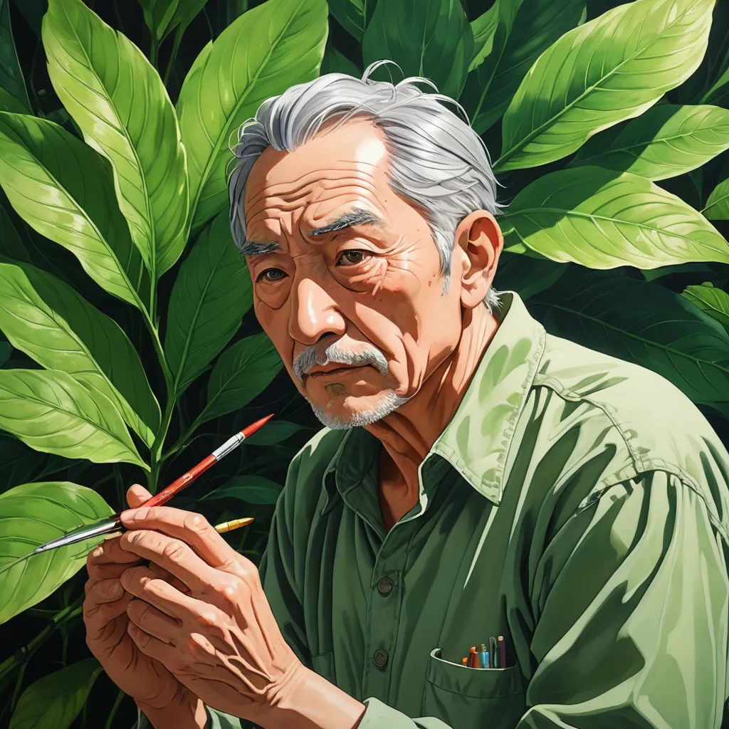 a man holding a paintbrush in his hand while painting a picture of a plant with leaves on it, hyperrealism, a photorealistic painting, Eizan Kikukawa, in gouache detailed paintings
