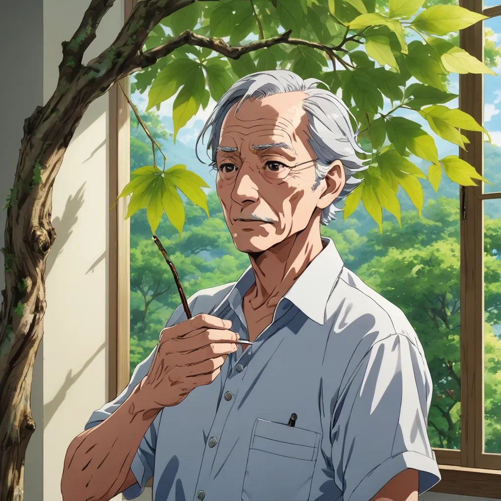 a man holding a pair of scissors in his hand while standing next to a tree and window with a view of a forest, precisionism, a character portrait, Aguri Uchida, official art