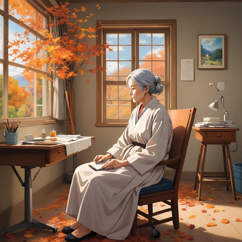 a painting of a woman sitting in a chair looking out a window at a fall scene outside of a window, american scene painting, a detailed painting, Evgeny Lushpin, official art