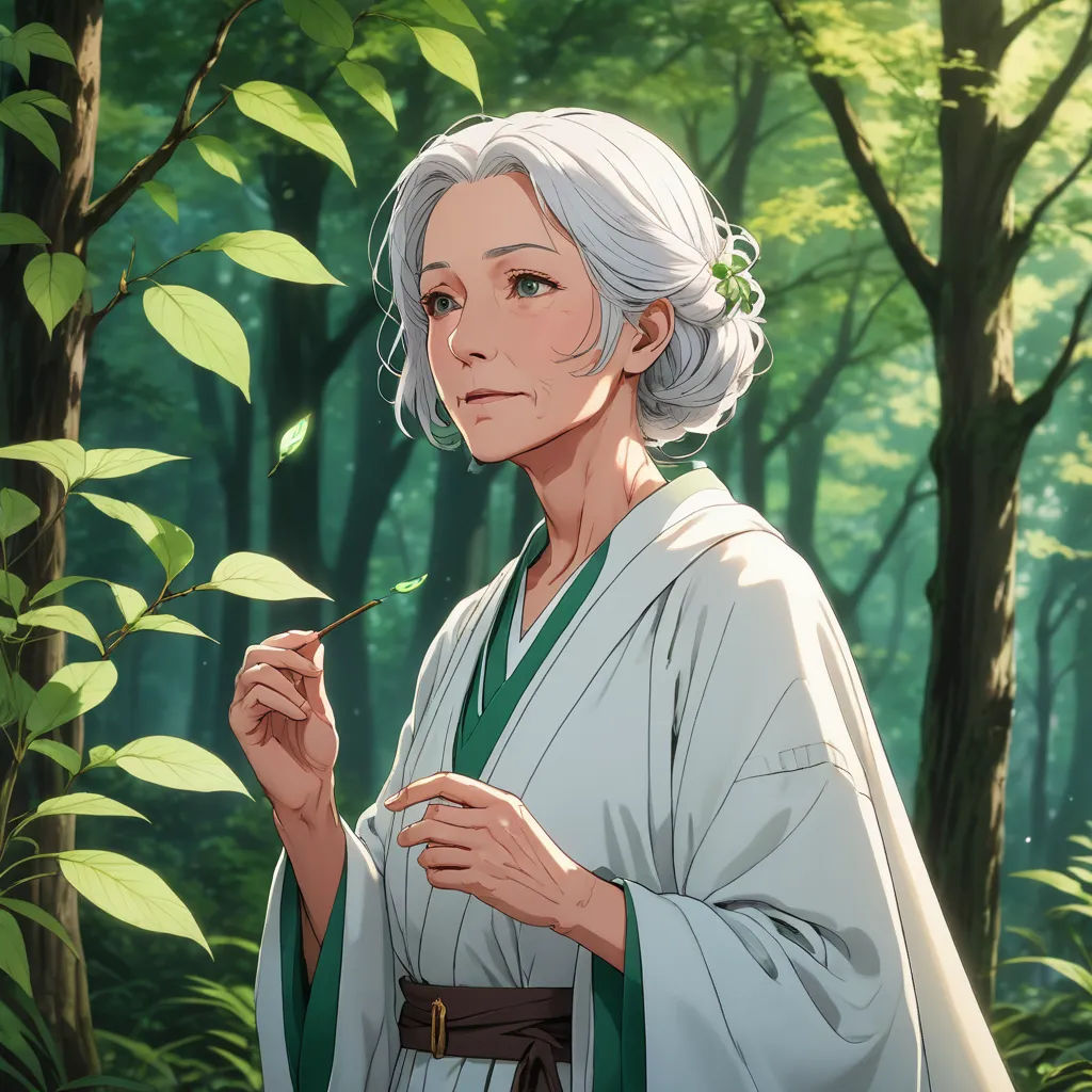 a woman in a white robe holding a leaf in a forest with trees and bushes behind her, looking at the camera, sots art, a character portrait, Chizuko Yoshida, cushart krenz