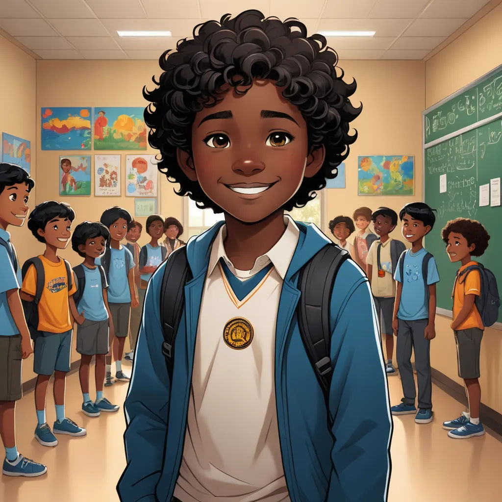 a cartoon of a boy in a school classroom with a group of children behind him and a chalkboard in the background, harlem renaissance, a character portrait, Cedric Seaut (Keos Masons), official art
