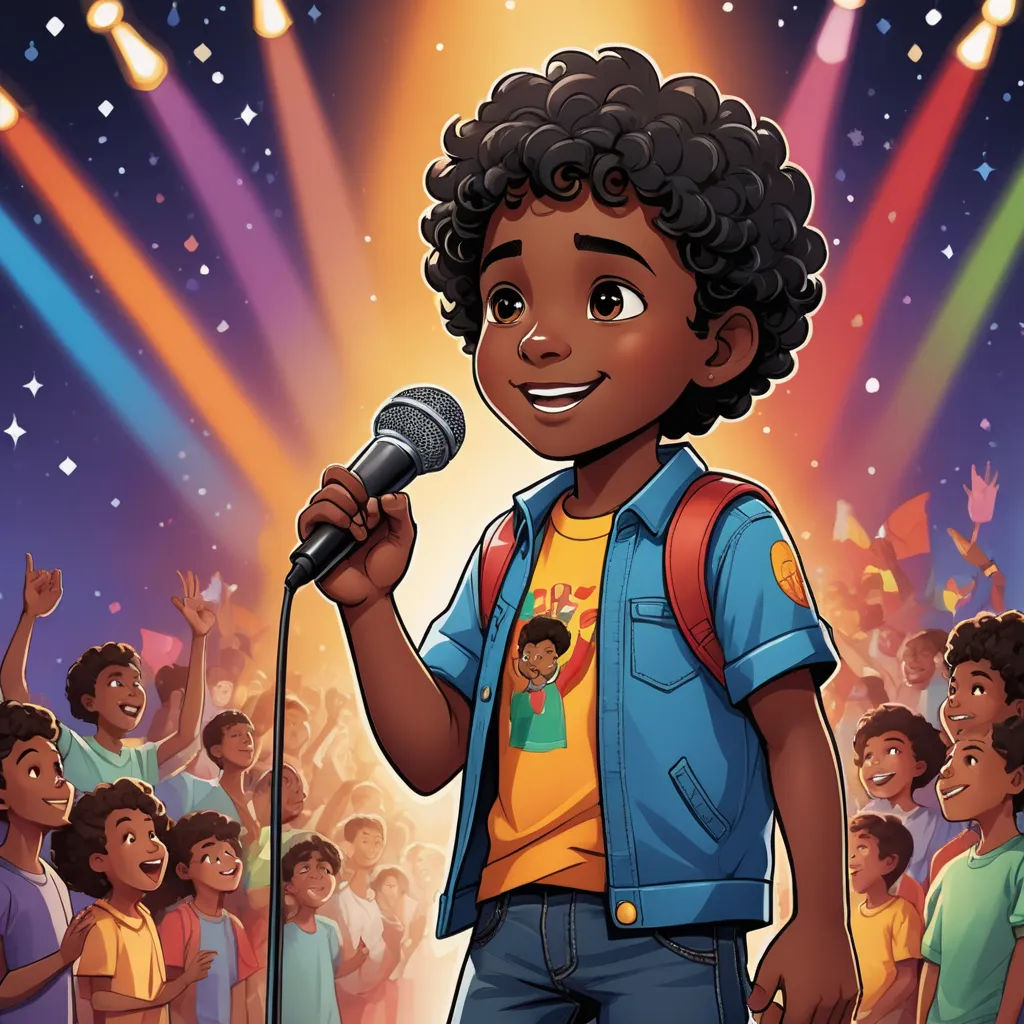 a cartoon boy holding a microphone in front of a crowd of people with bright lights on the ceiling and a microphone in his hand, harlem renaissance, a storybook illustration, Ella Guru, comic cover art