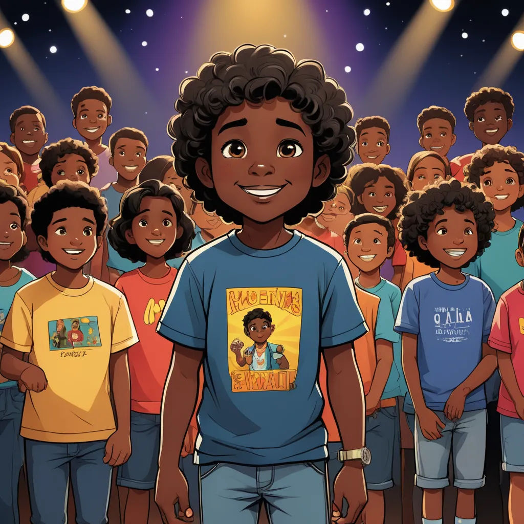 a cartoon of a boy standing in front of a group of children in front of a stage with lights, afrofuturism, a storybook illustration, A. B. Jackson, comic cover art