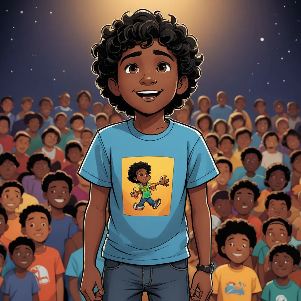 a cartoon of a boy standing in front of a crowd of people with a light on his head and a cartoon of a boy on his chest, afrofuturism, a storybook illustration, Felix-Kelly, comic cover art