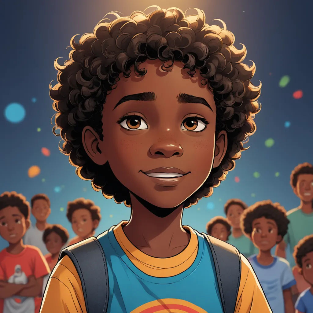 a cartoon of a boy with a backpack in front of a crowd of people with balloons in the air, harlem renaissance, a character portrait, Aaron Jasinski, comic cover art