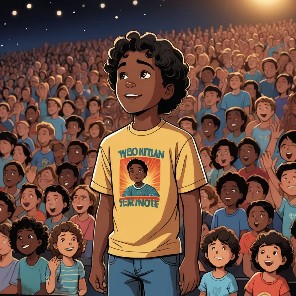 a cartoon of a man standing in front of a crowd of people with a picture of him on his t - shirt, afrofuturism, a storybook illustration, Felix-Kelly, graphic novel