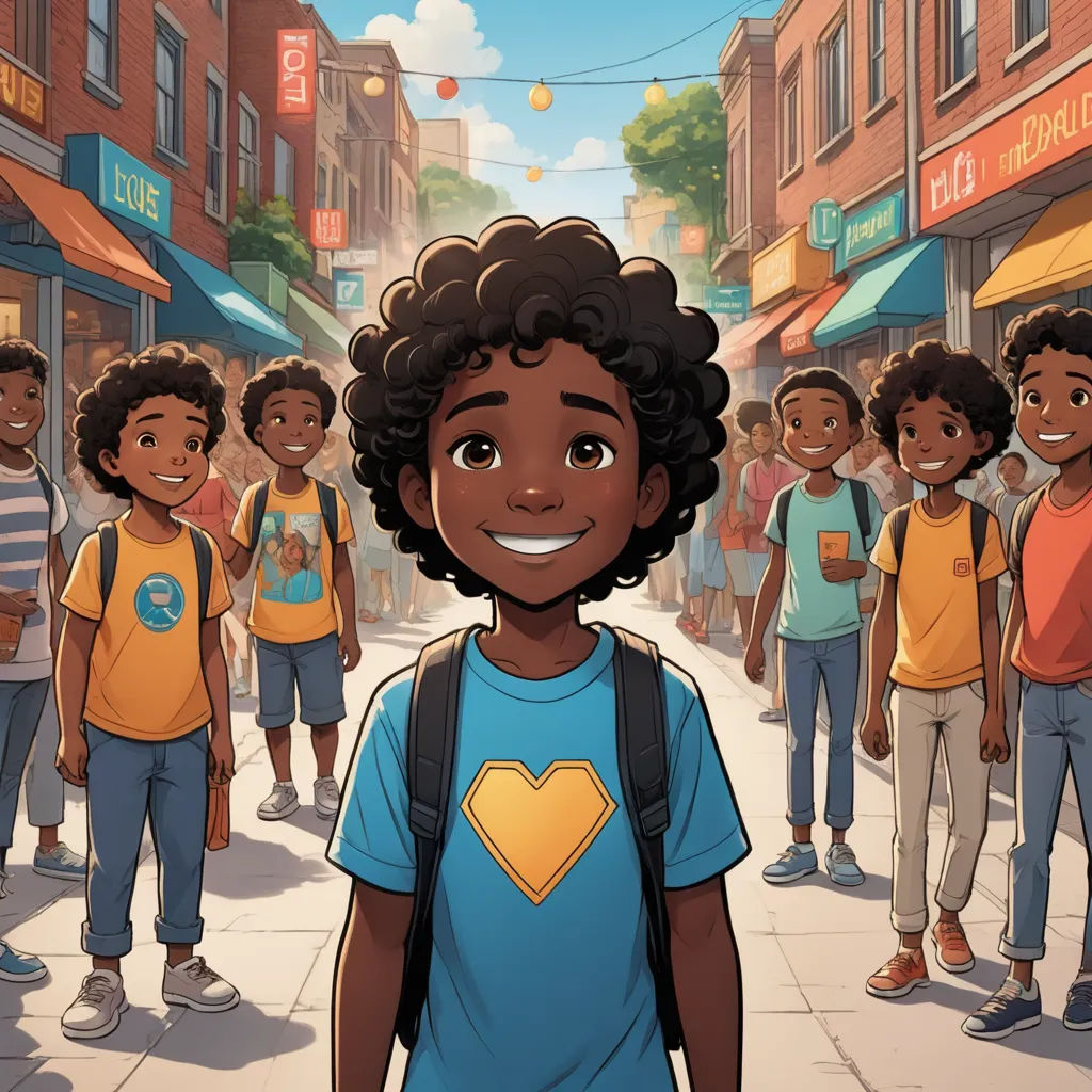 a cartoon of a boy in a blue shirt and a group of children in a city street with buildings, harlem renaissance, concept art, Chris LaBrooy, comic cover art