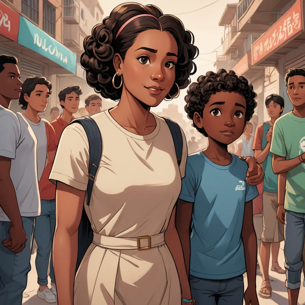 a woman standing next to a boy in a crowd of people on a street with a building in the background, serial art, concept art, Ella Guru, comic cover art