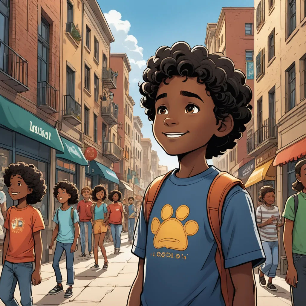 a cartoon of a boy with a backpack on a city street with a group of people walking by him, harlem renaissance, a storybook illustration, Eddie Mendoza, comic cover art