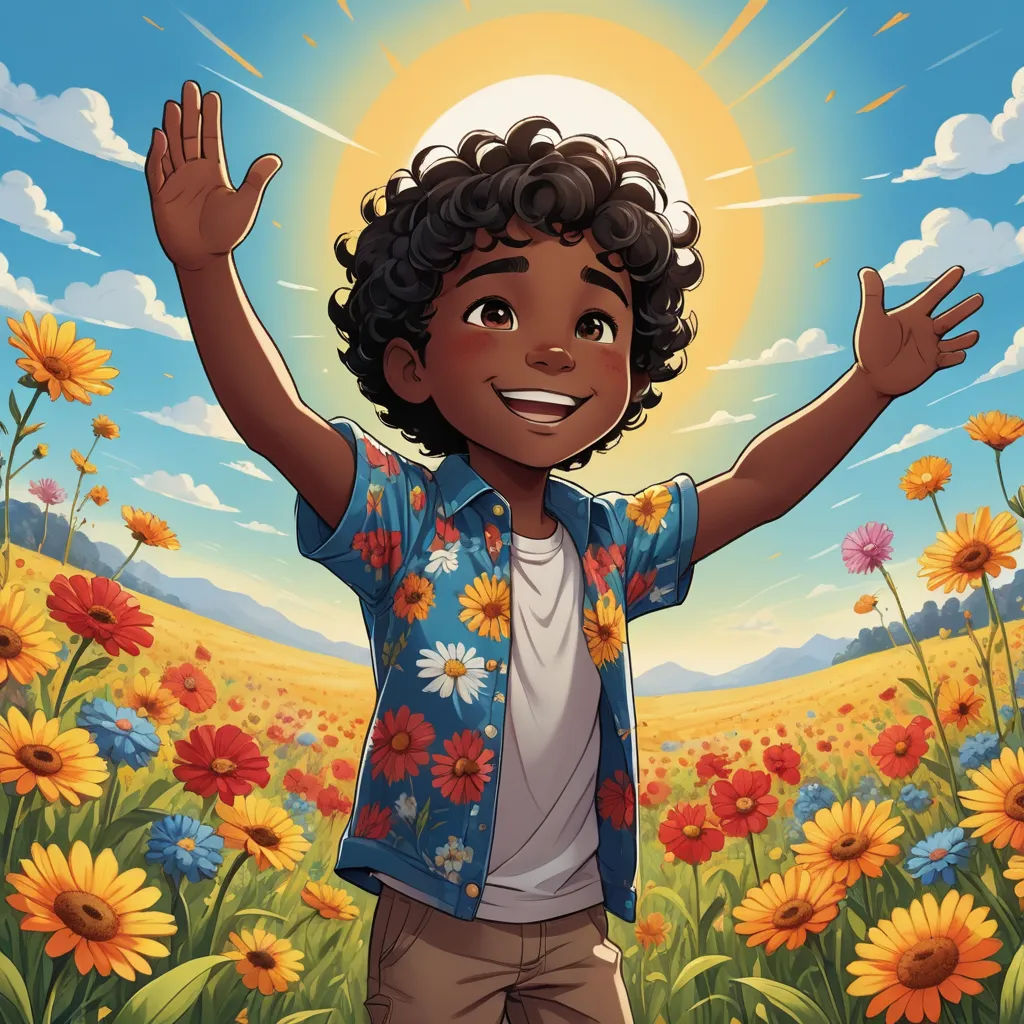 a young boy standing in a field of sunflowers with his arms outstretched in the air and smiling, afrofuturism, an album cover, Everett Warner, comic cover art